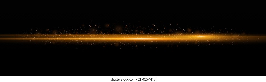 Yellow horizontal lens flares pack. Laser beams, horizontal light rays. Beautiful light flares. Flash light with fairy dust sparks and golden stars shine. Dusty shine light.