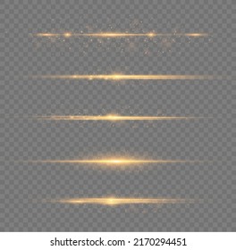 Yellow horizontal lens flares pack. Laser beams, horizontal light rays. Beautiful light flares. Flash light with fairy dust sparks and golden stars shine. Dusty shine light.