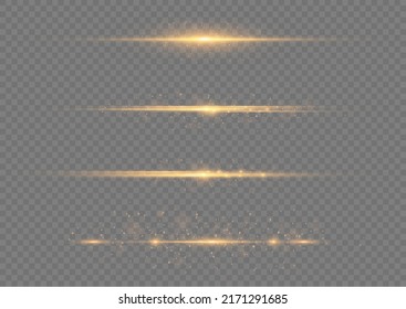 Yellow horizontal lens flares pack. Laser beams, horizontal light rays. Beautiful light flares. Flash light with fairy dust sparks and golden stars shine. Dusty shine light.