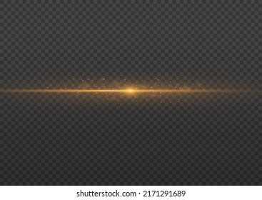 Paket mit gelben horizontalen Linsenfackeln. Laserstrahlen, horizontale Lichtstrahlen. Schöne Lichtstrahlen. Blitzes Licht mit Märchenstaubfinstern und goldenen Sternen leuchten. Dusty glänzendes Licht.