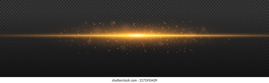 Yellow horizontal lens flares pack. Laser beams, horizontal light rays. Beautiful light flares. Flash light with fairy dust sparks and golden stars shine. Dusty shine light.