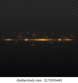 Yellow horizontal lens flares pack. Laser beams, horizontal light rays. Beautiful light flares. Flash light with fairy dust sparks and golden stars shine. Dusty shine light.