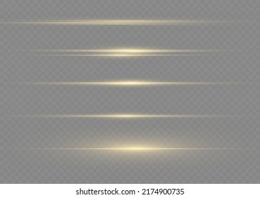 Yellow horizontal lens flares pack. Laser beams, horizontal light rays. Beautiful light flares. Flash light with fairy dust sparks and golden stars shine. Dusty shine light.