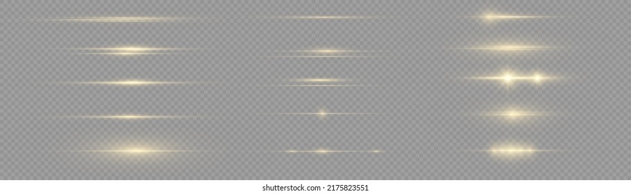 Yellow horizontal lens flares pack. Laser beams, horizontal light rays. Beautiful light flares. Flash light with fairy dust sparks and golden stars shine. Dusty shine light.