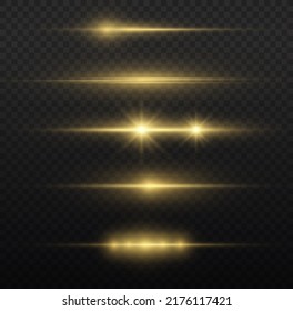 Yellow horizontal lens flares pack. Laser beams, horizontal light rays. Beautiful light flares. Flash light with fairy dust sparks and golden stars shine. Dusty shine light.