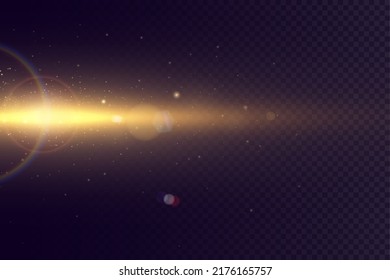 Yellow horizontal lens flares pack. Laser beams, horizontal light rays. Beautiful light flares. Glowing streaks on dark background. 