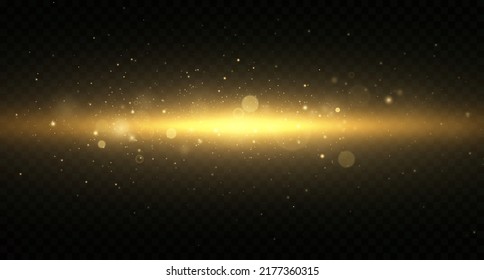 Yellow horizontal lens flares pack. Laser beams, horizontal light rays. Beautiful light flares. Glowing streaks on dark background. 