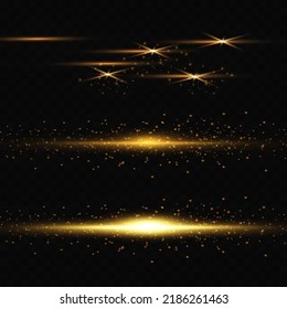 yellow horizontal lens flares pack. Laser beams, horizontal light rays. Beautiful light flares. Glowing streaks on dark background. Luminous abstract sparkling lined background.