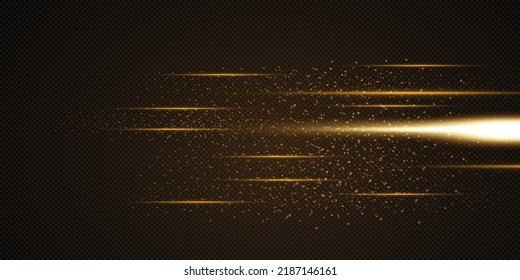 Yellow horizontal lens flares pack. Laser beams, horizontal light rays, lines. Set of flashes, lights, sparkles on transparent background. Bright gold glares. Abstract golden lights isolated.
