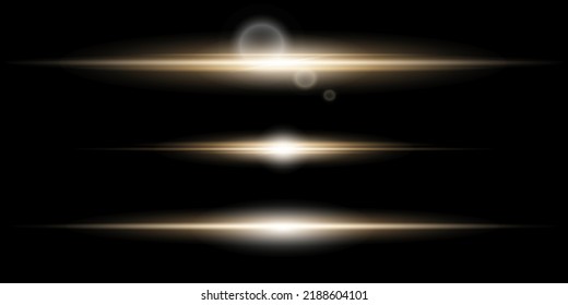 yellow horizontal lens flares pack. Laser beams, horizontal light rays. Beautiful light flares. Glowing streaks on dark background. Luminous abstract sparkling lined background.