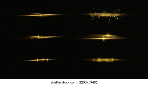Yellow horizontal lens flares pack. Laser beams, horizontal light rays. Beautiful light flares. Glowing streaks on dark background. 