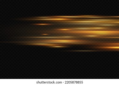 Paket mit gelben horizontalen Linsenfackeln. Laserstrahlen, horizontale Lichtstrahlen. Schöne Lichtstrahlen. Glühende Streifen auf dunklem Hintergrund. 