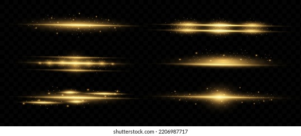 yellow horizontal lens flares pack. Laser beams, horizontal light rays. Beautiful light flares. Glowing streaks on dark background. Luminous abstract sparkling lined background.