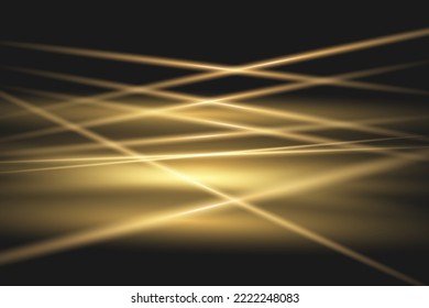 Gelbe Fackelpackung mit horizontalen Objektiven. Laserstrahlen, horizontale Lichtstrahlen. Schöne Lichtfackeln