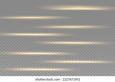 paquete de bengalas horizontales amarillas. Vigas láser, rayos de luz horizontales. Bonitas bengalas. Rasgos brillantes sobre fondo oscuro. Luminoso fondo brillante abstracto. 