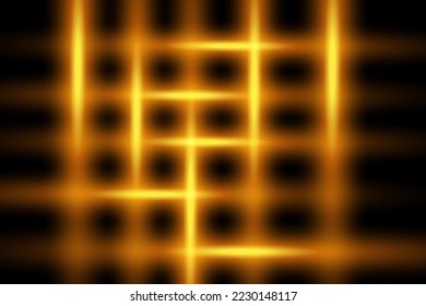 Gelbe Fackelpackung mit horizontalen Objektiven. Laserstrahlen, horizontale Lichtstrahlen. Schöne Lichtstrahlen. Glühende Streifen auf dunklem Hintergrund. Leuchtender abstrakter, funkelnder Hintergrund. 
