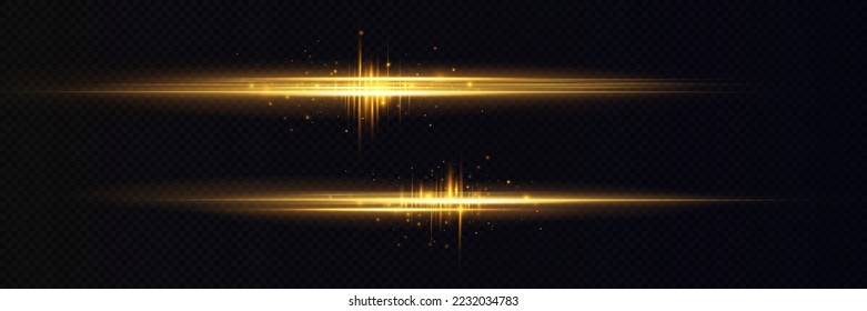 Yellow horizontal lens flares pack. Laser beams, horizontal light rays. Beautiful light flares. Glowing streaks on dark background. 