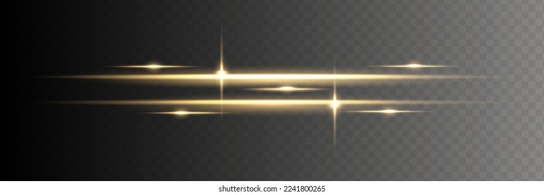 yellow horizontal lens flares pack. Laser beams, horizontal light rays. Beautiful light flares. Glowing streaks on dark background. Luminous abstract sparkling lined background.