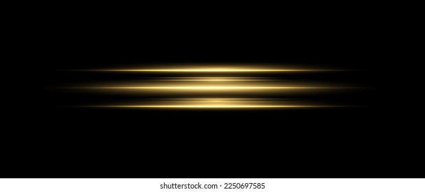 yellow horizontal lens flares pack. Laser beams, horizontal light rays. Beautiful light flares. Glowing streaks on dark background. Luminous abstract sparkling lined background.