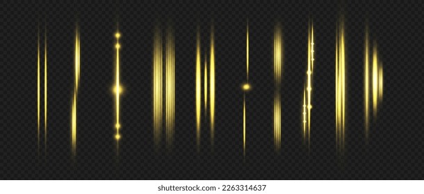 Gelbe Fackelpackung mit horizontalen Objektiven. Laserstrahlen, horizontale Lichtstrahlen. Schöne Lichtstrahlen. Glühende Streifen auf dunklem Hintergrund. Leuchtender abstrakter, funkelnder Hintergrund.