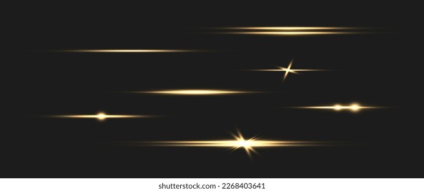 yellow horizontal lens flares pack. Laser beams, horizontal light rays. Beautiful light flares. Glowing streaks on dark background. Luminous abstract sparkling lined background.