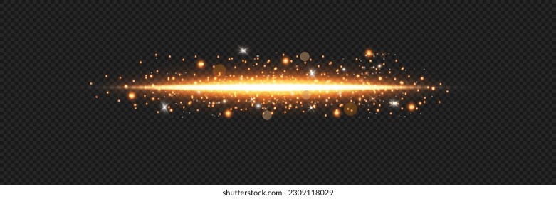 yellow horizontal lens flares pack. Laser beams, horizontal light rays. Beautiful light flares. Glowing streaks on dark background. Luminous abstract sparkling lined background. Yellow sequins