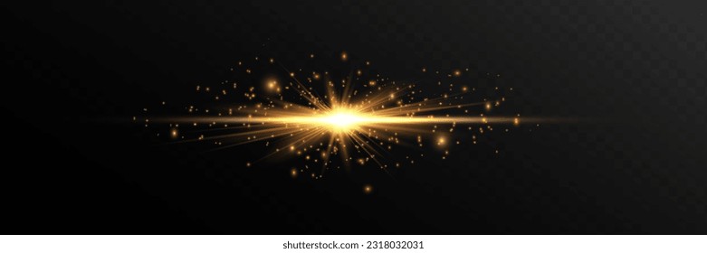 yellow horizontal lens flares pack. Laser beams, horizontal light rays. Beautiful light flares. Glowing streaks on dark background. Luminous abstract sparkling lined background.