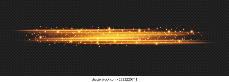 yellow horizontal lens flares pack. Laser beams, horizontal light rays. Beautiful light flares. Glowing streaks on dark background. Luminous abstract sparkling lined background