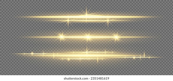 yellow horizontal lens flares pack. Laser beams, horizontal light rays. Beautiful light flares. Glowing streaks on dark background. Luminous abstract sparkling lined background