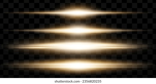 Gelbe Fackelpackung mit horizontalen Objektiven. Laserstrahlen, horizontale Lichtstrahlen. Schöne Lichtstrahlen. Glühende Streifen auf dunklem Hintergrund. Leuchtender abstrakter, funkelnder Hintergrund.