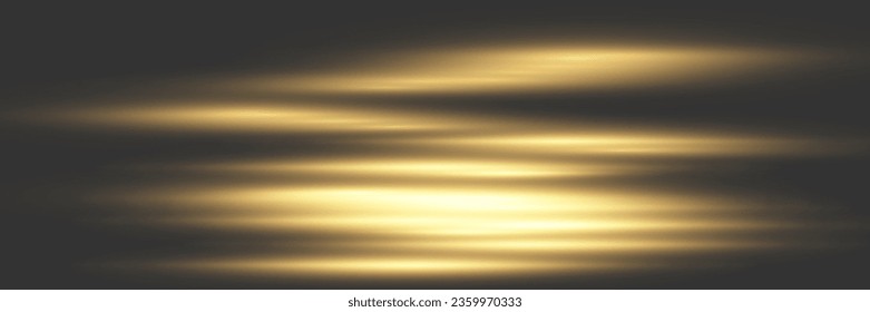 paquete de bengalas horizontales amarillas. Vigas láser, rayos de luz horizontales. Bonitas bengalas. Rasgos brillantes sobre fondo oscuro. Luminoso fondo brillante abstracto.