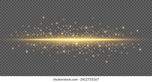 yellow horizontal lens flares pack. Laser beams, horizontal light rays. Beautiful light flares. Glowing streaks on dark background. Luminous abstract sparkling lined background