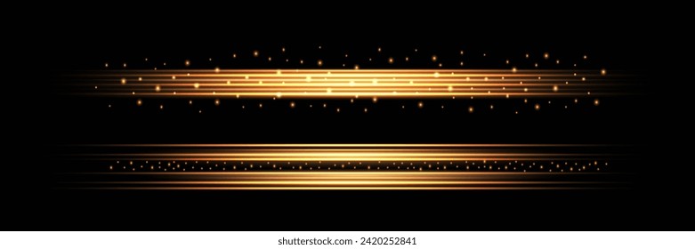 yellow horizontal lens flares pack. Laser beams, horizontal light rays. Beautiful light flares. Glowing streaks on dark background. Luminous abstract sparkling lined background.