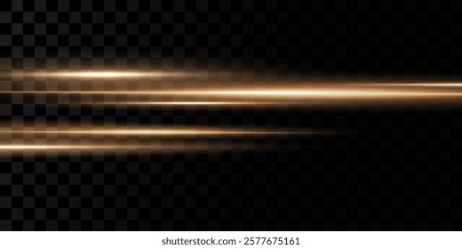 Yellow horizontal lens flares pack. Laser beams, horizontal light rays. Beautiful light flares. Glowing streaks on dark background. 