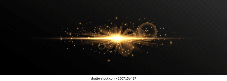 yellow horizontal lens flares pack. Laser beams, horizontal light rays. Flashes of light. Glowing streaks on dark background