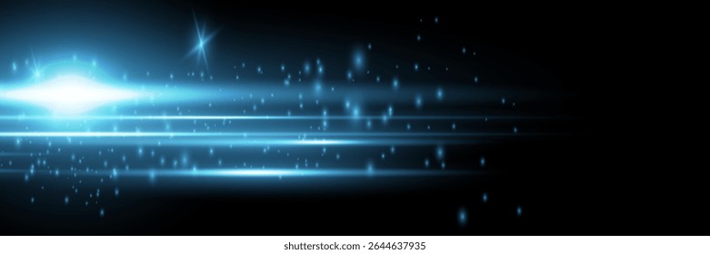 yellow horizontal lens flares pack. Laser beams, horizontal light rays. Beautiful light flares. Glowing streaks on dark background.