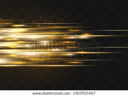 Yellow horizontal lens flares pack. Laser beams, horizontal light rays.Beautiful light flares. Glowing streaks on dark background. Luminous abstract sparkling lined background.