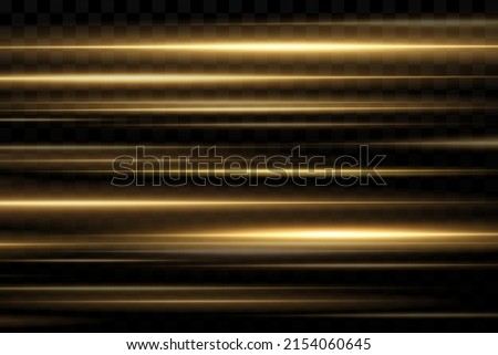 Yellow horizontal lens flares pack. Laser beams, horizontal light rays. Beautiful light flares. Glowing streaks on dark background. 