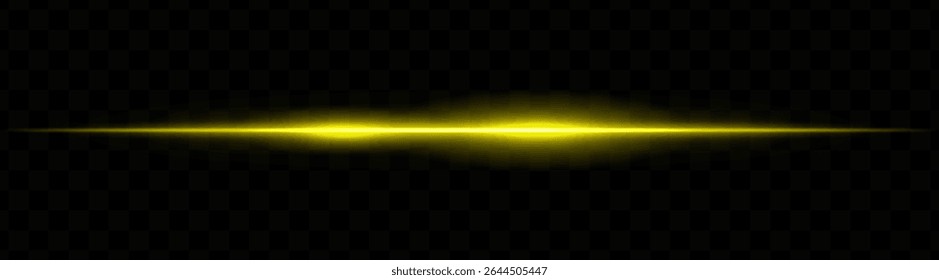 Yellow horizontal light beam with dual bright glows and soft blur on transparent background. Futuristic energy stripe ideal for sci-fi visuals, HUDs, or glowing tech overlays.