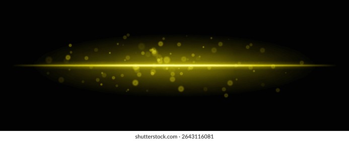 Yellow horizontal light beam with glowing dust particles and intense aura on transparent background. Dynamic sci-fi flare ideal for energy effects, laser HUDs, or dramatic transitions.