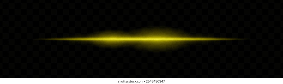 Yellow horizontal light beam with glowing core and smooth blur edges on transparent background. Ideal for sci-fi transitions, laser HUD elements, or futuristic glow effects.