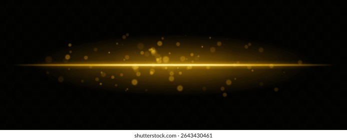 Yellow horizontal light beam with glowing dust particles and intense aura on transparent background. Dynamic sci-fi flare ideal for energy effects, laser HUDs, or dramatic transitions.