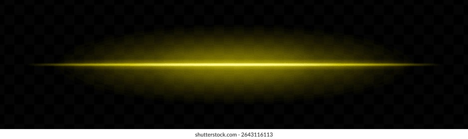 Yellow horizontal light beam with soft glow and vibrant aura on transparent background. Futuristic laser stripe ideal for energy effects, sci-fi transitions, or glowing overlays.