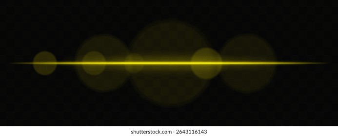 Feixe de luz horizontal amarelo com círculos suaves no fundo transparente. Exacerbação de lentes cinematográficas limpas para ficção científica, transições tecnológicas ou sobreposições brilhantes de interface do usuário com brilho.