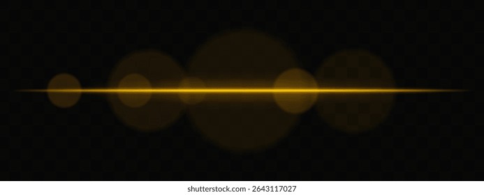 Feixe de luz horizontal amarelo com círculos suaves no fundo transparente. Exacerbação de lentes cinematográficas limpas para ficção científica, transições tecnológicas ou sobreposições brilhantes de interface do usuário com brilho.