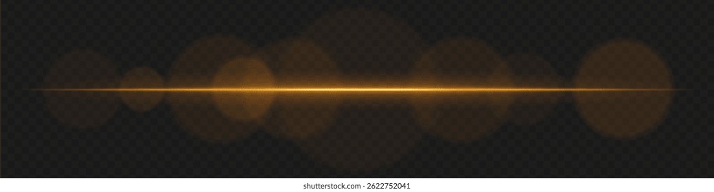 Yellow horizontal neon lens flare with glowing bokeh rings. Isolated laser beam effect perfect for digital HUD, warning lights, tech visuals, sci-fi interface.