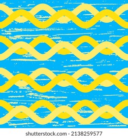 Líneas onduladas horizontales amarillas entrelazadas sobre un fondo azul con una textura antigua. Idea de un patrón vectorial impecable - con Ucrania