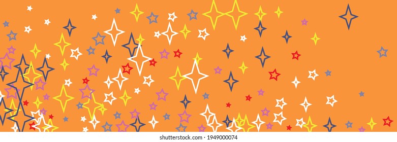 Yellow Horizontal White Blue Bright Violet Sky Background. Vibrant New Year Christmas Colorful Holiday Santa Vivid Illustration. Multicolor Chaotic Orange Green Print Red Stars Stars Pattern.