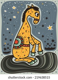 Yellow horse sitting in the night dark blue sky and looks like a star falls down.