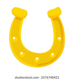 A yellow horseshoe with a gold colored metal ring. The horseshoe is shaped like the letter U